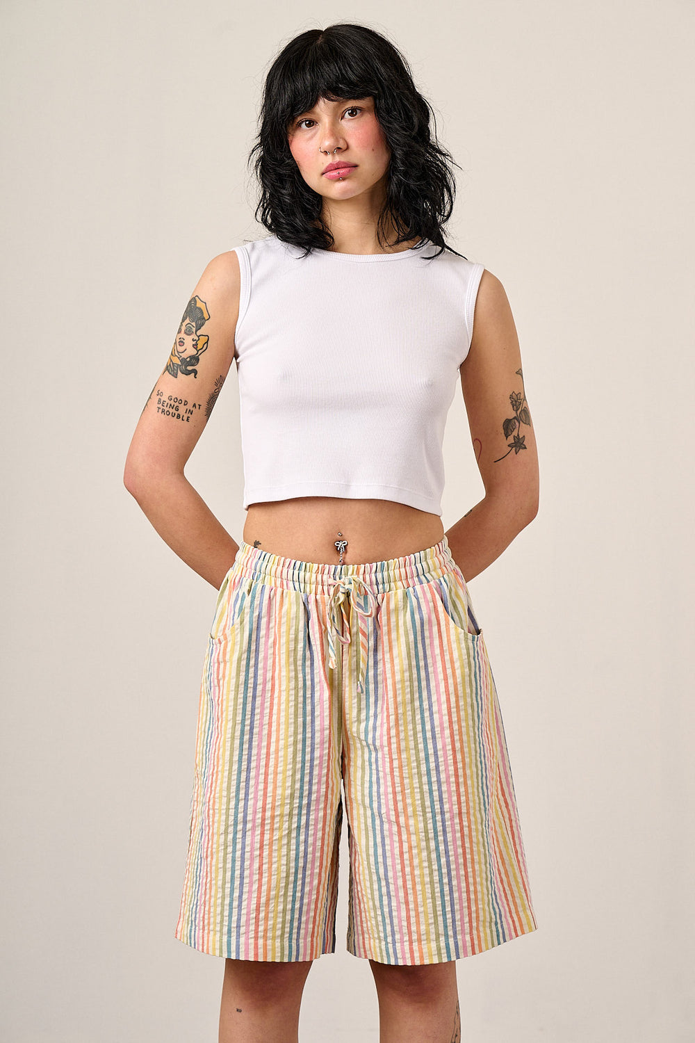 Madero - Knee Length Shorts Organic Cotton Seersucker in Vintage Rainbow Stripe