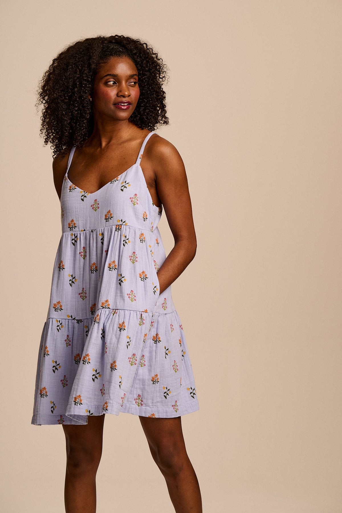Mae - Tiered Mini Dress Organic Cotton Double Gauze in Blue Walled Bloom