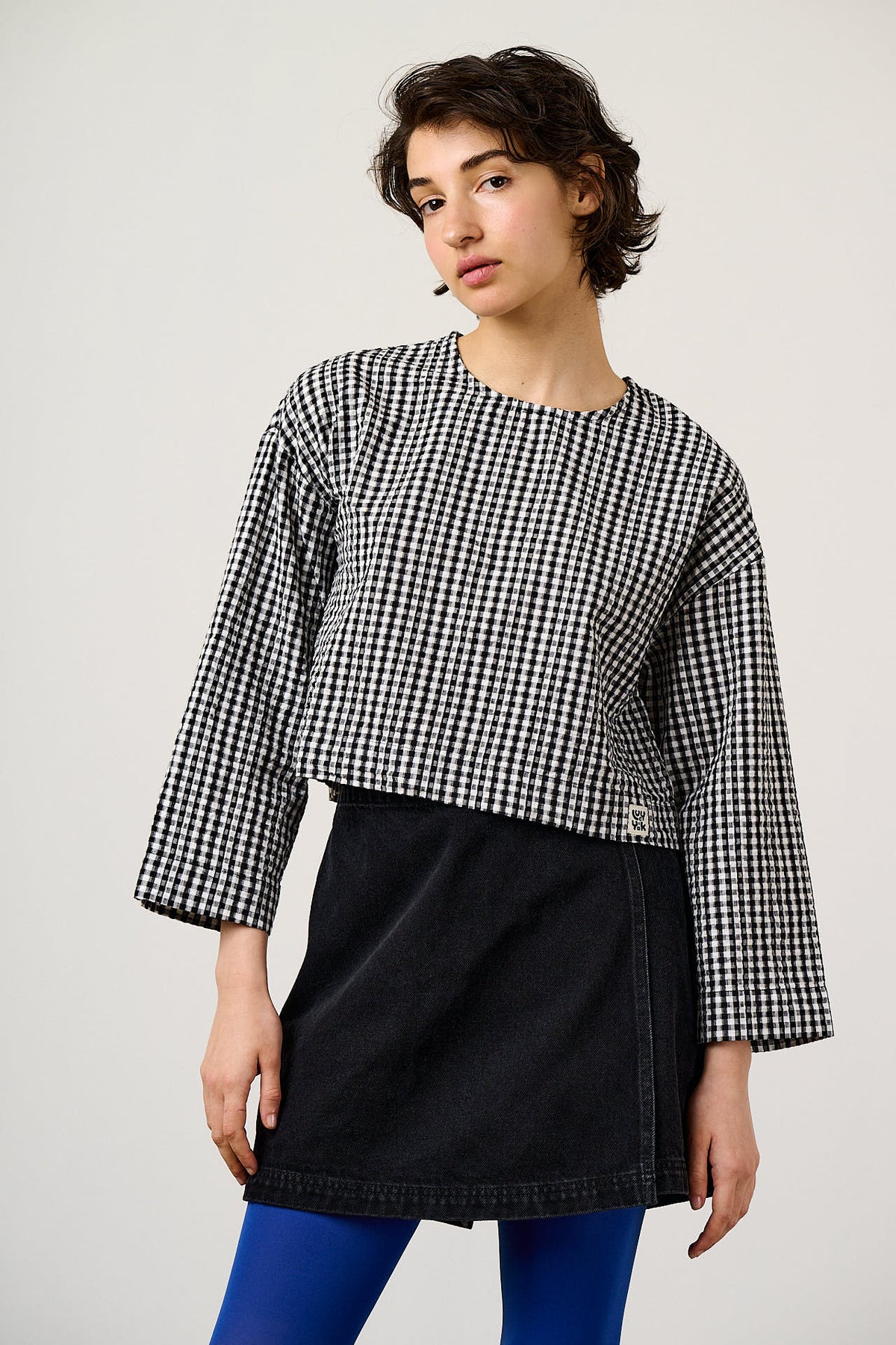 Maisie - Boxy Top Organic Cotton Seersucker in Black & White Gingham