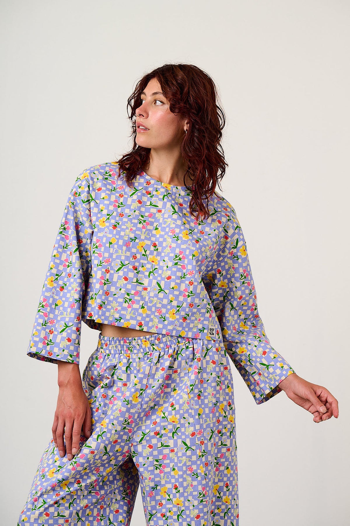 Maisie - Boxy Top Organic Cotton in Ditsy Checkerboard Floral