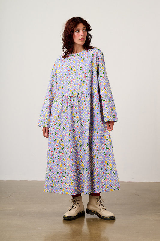 Micah - Long Sleeve Midi Dress Organic Cotton in Ditsy Checkerboard Floral