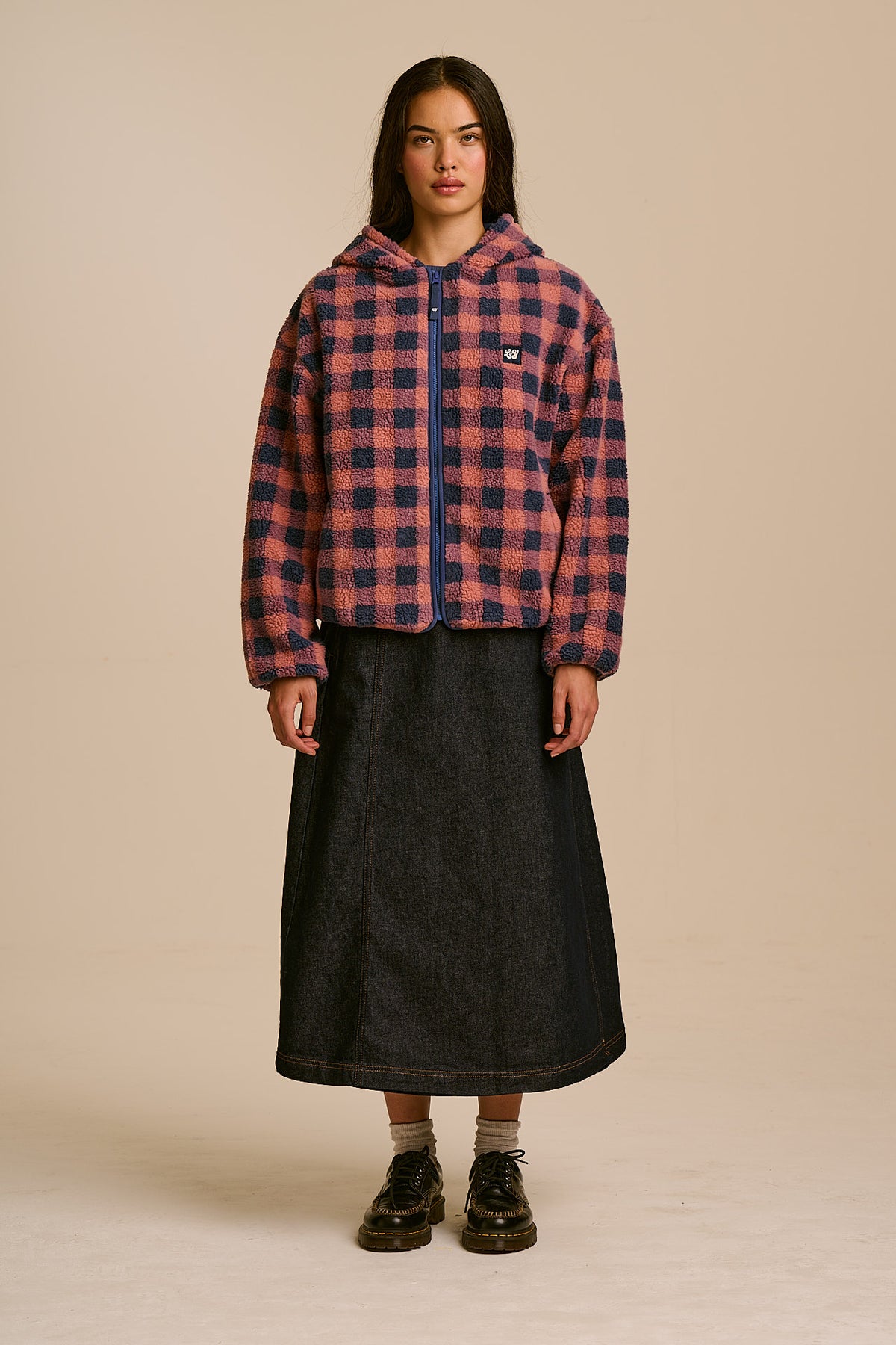 Misha - Borg Fleece Jacket Recycled Polyester in Blue and Pink Check