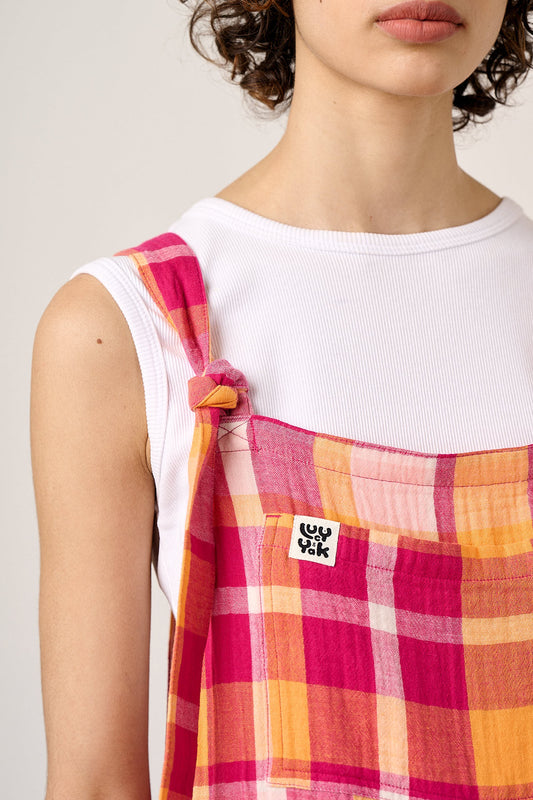 Miyada - Cotton Dungarees in Orange & Pink Check