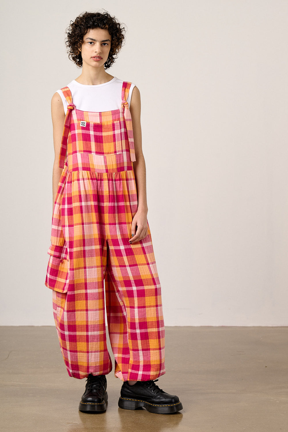 Miyada - Cotton Dungarees in Orange & Pink Check