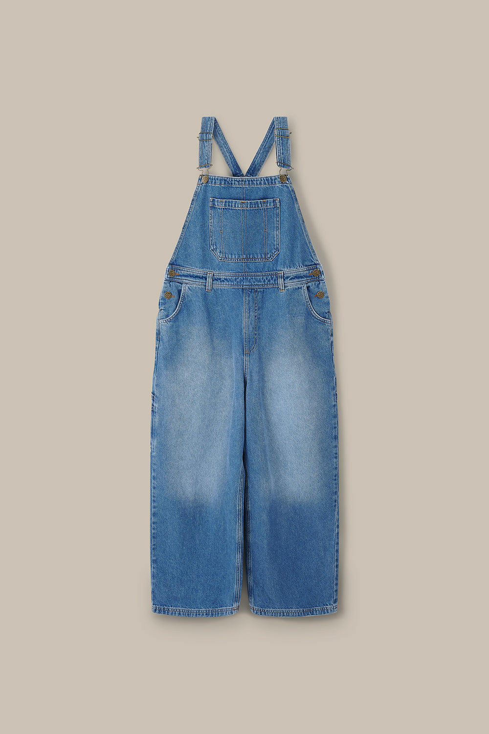 Mullen - Denim Dungarees in Midwash with Metal Clasps