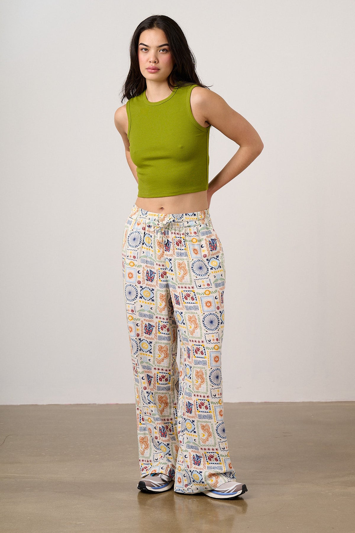 Norris - Wide Leg Trousers Organic Cotton Double Gauze in Ecru Cosmic Folk Tile