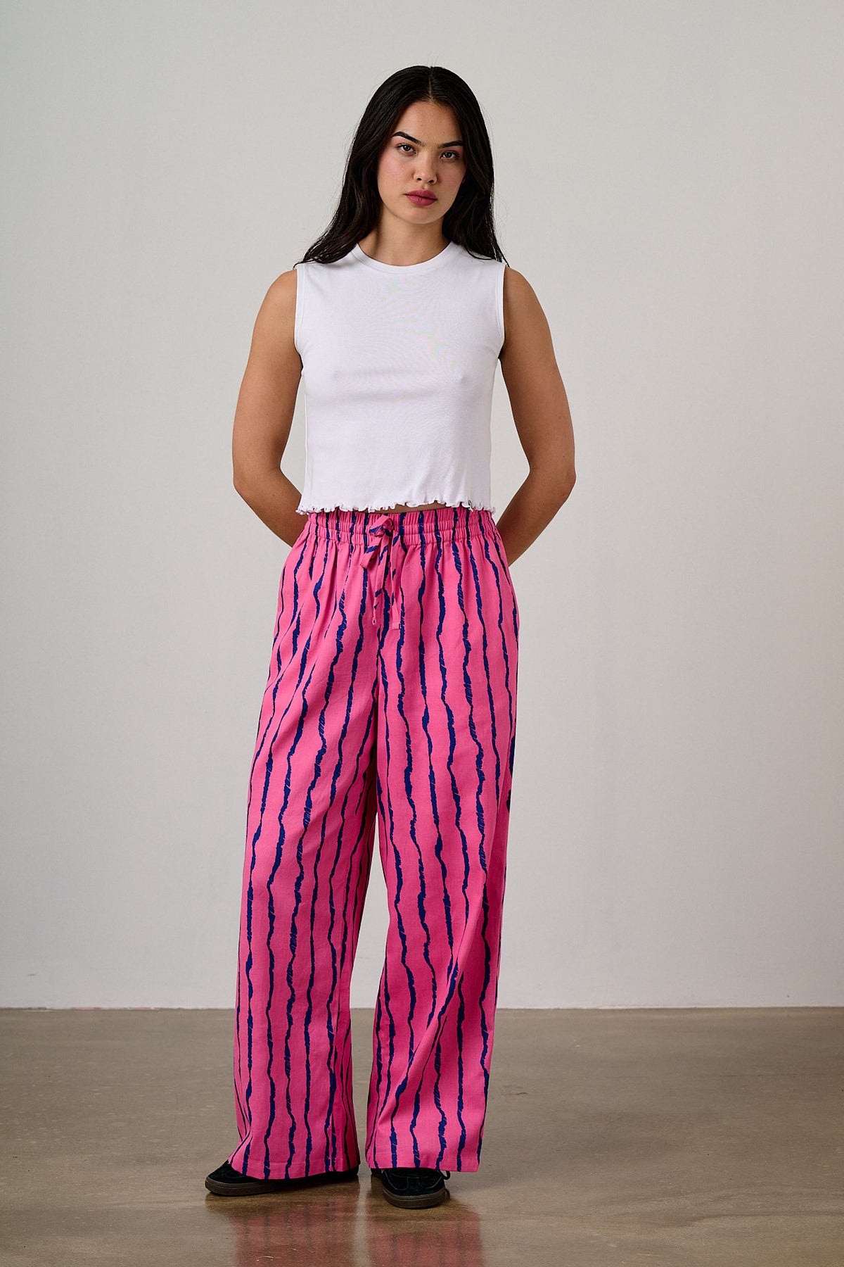 Norris - Wide Leg Trousers Organic Cotton in Pink & Blue Wavy Stripe