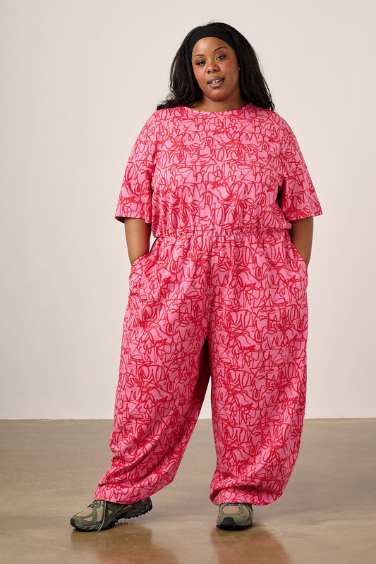 Nova - Barrel Leg Jumpsuit Organic Cotton Jersey in Pink Graffiti