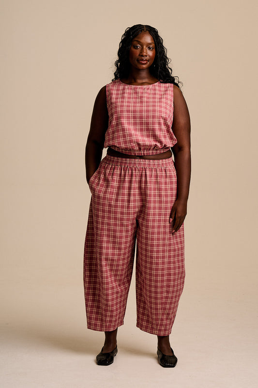 Obregon - Barrel Leg Trousers - Organic Cotton in Maroon Deco Rose Check