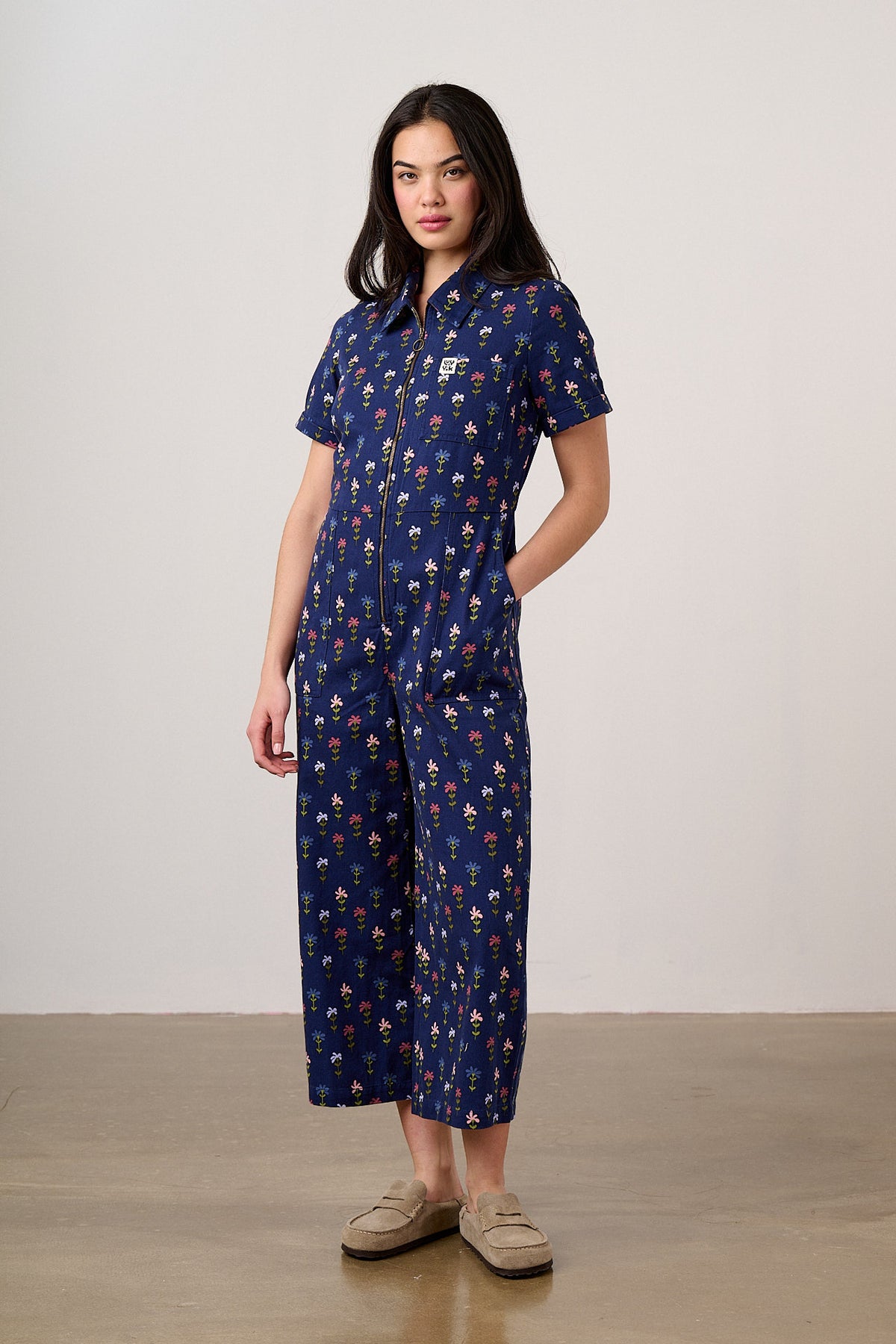 Ragan - Cropped Leg Jumpsuit Organic Cotton Twill in Navy Tulips