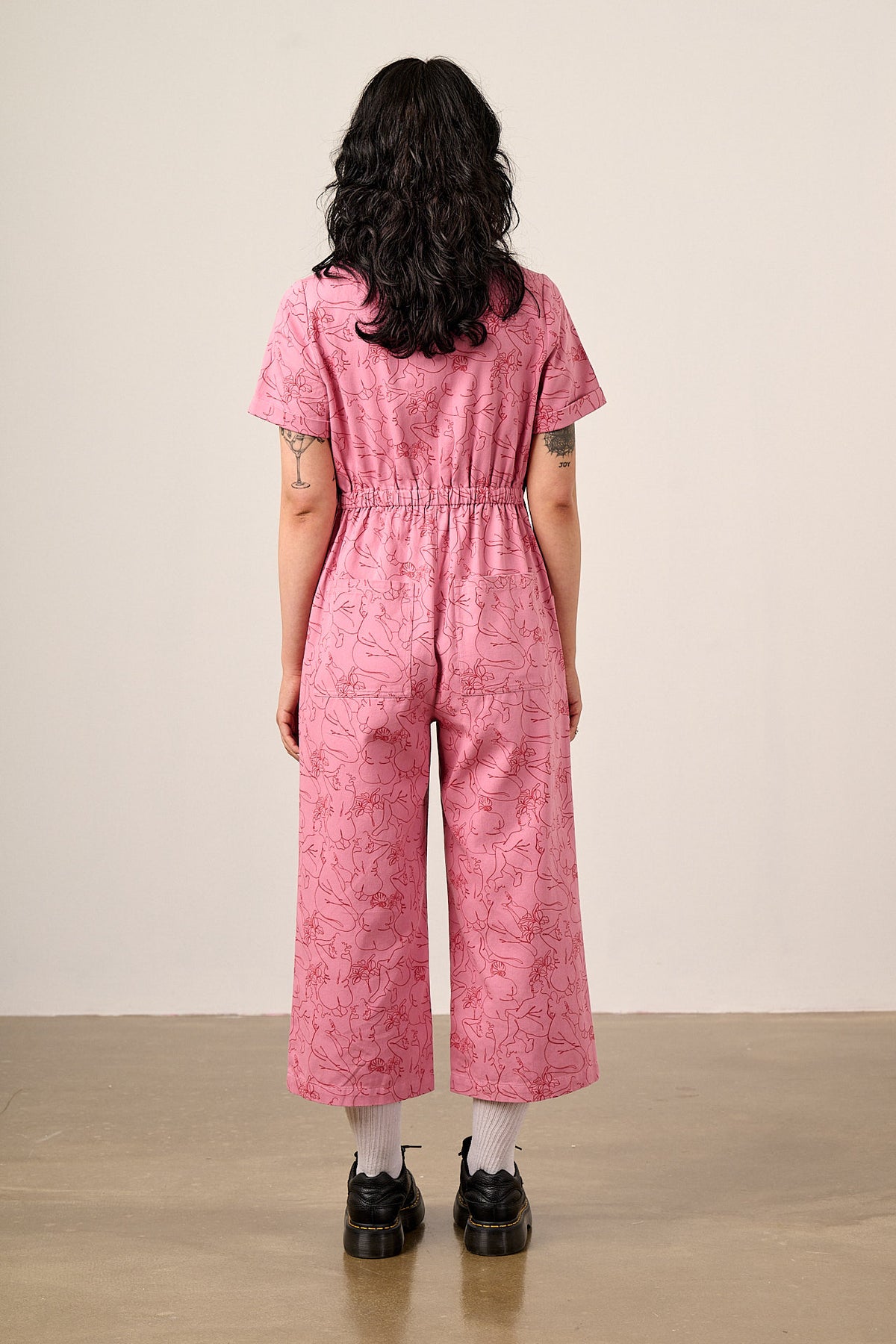 Ragan - Cropped Leg Jumpsuit Organic Cotton Twill in Pink Bodies Print