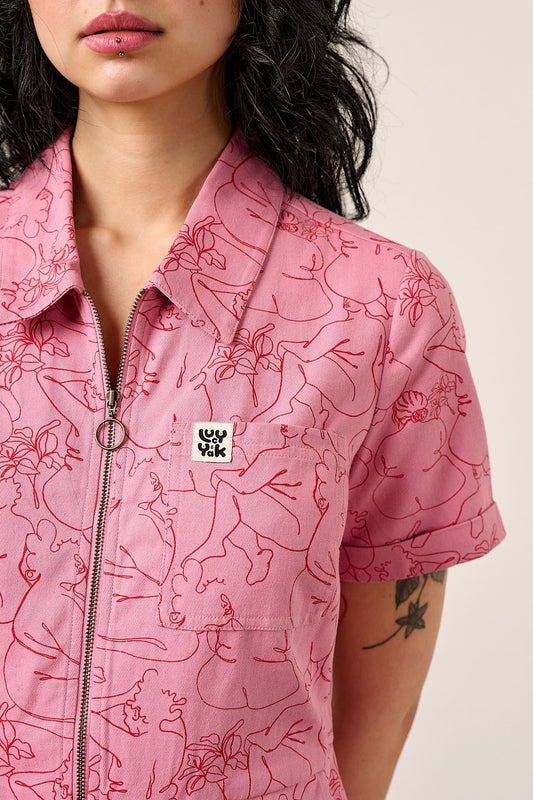 Ragan - Cropped Leg Jumpsuit Organic Cotton Twill in Pink Bodies Print