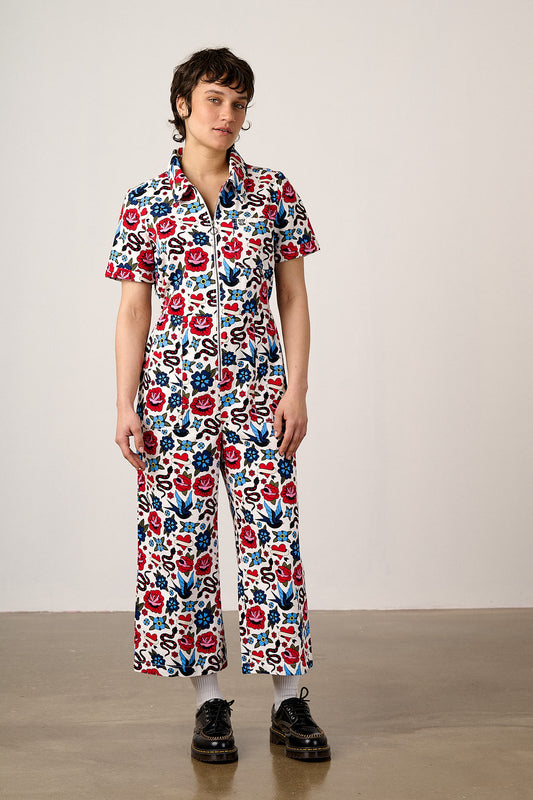 Ragan - Cropped Leg Jumpsuit Organic Cotton Twill in Multi Coloured Tattoo Print