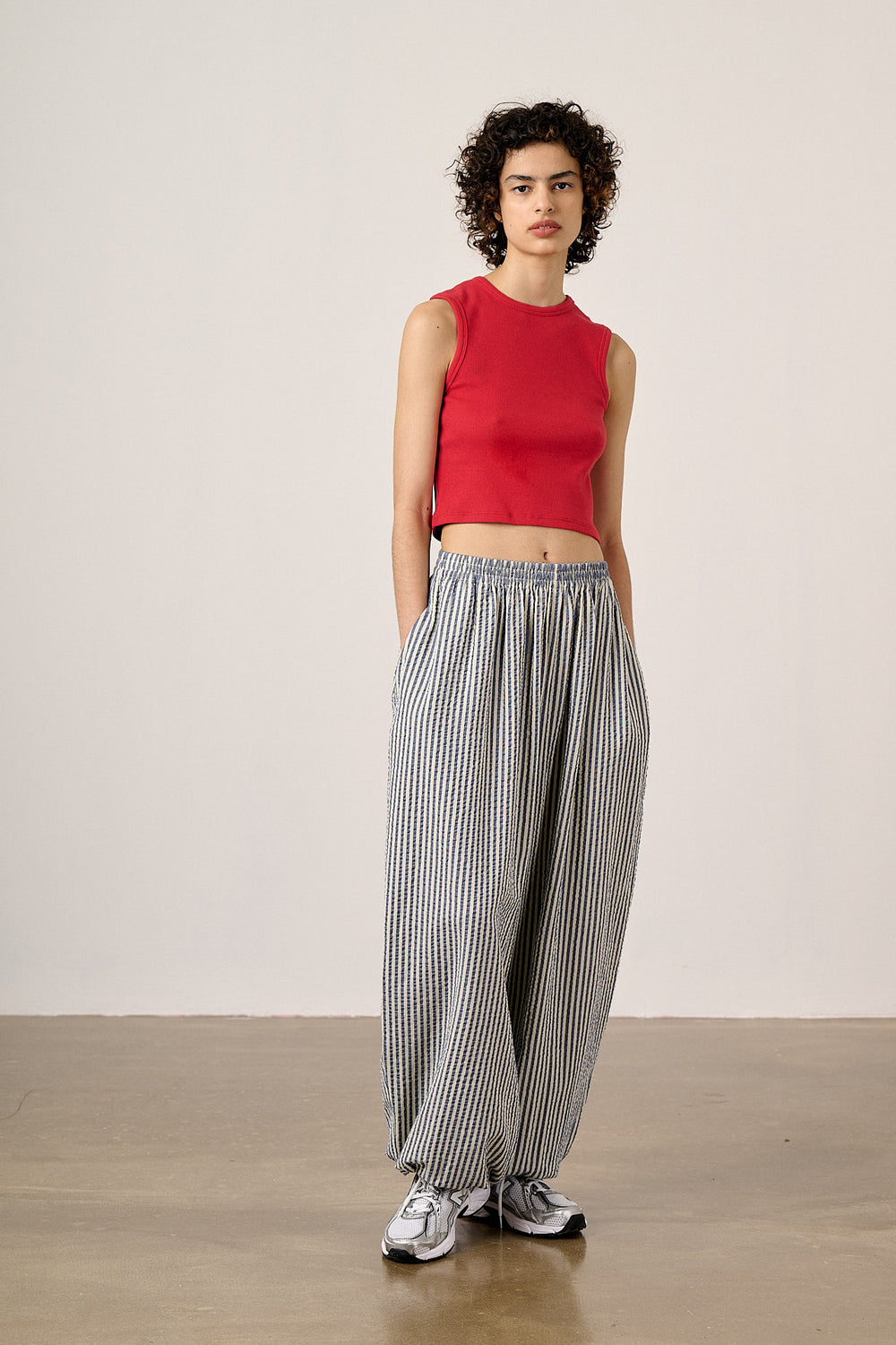 Renata - Balloon Leg Trousers Organic Cotton in Blue & White Stripe