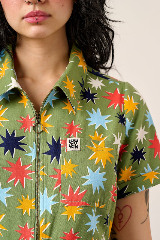 Riley - Short Sleeve Playsuit Organic Cotton Twill in Green Cosmic Folk Stars