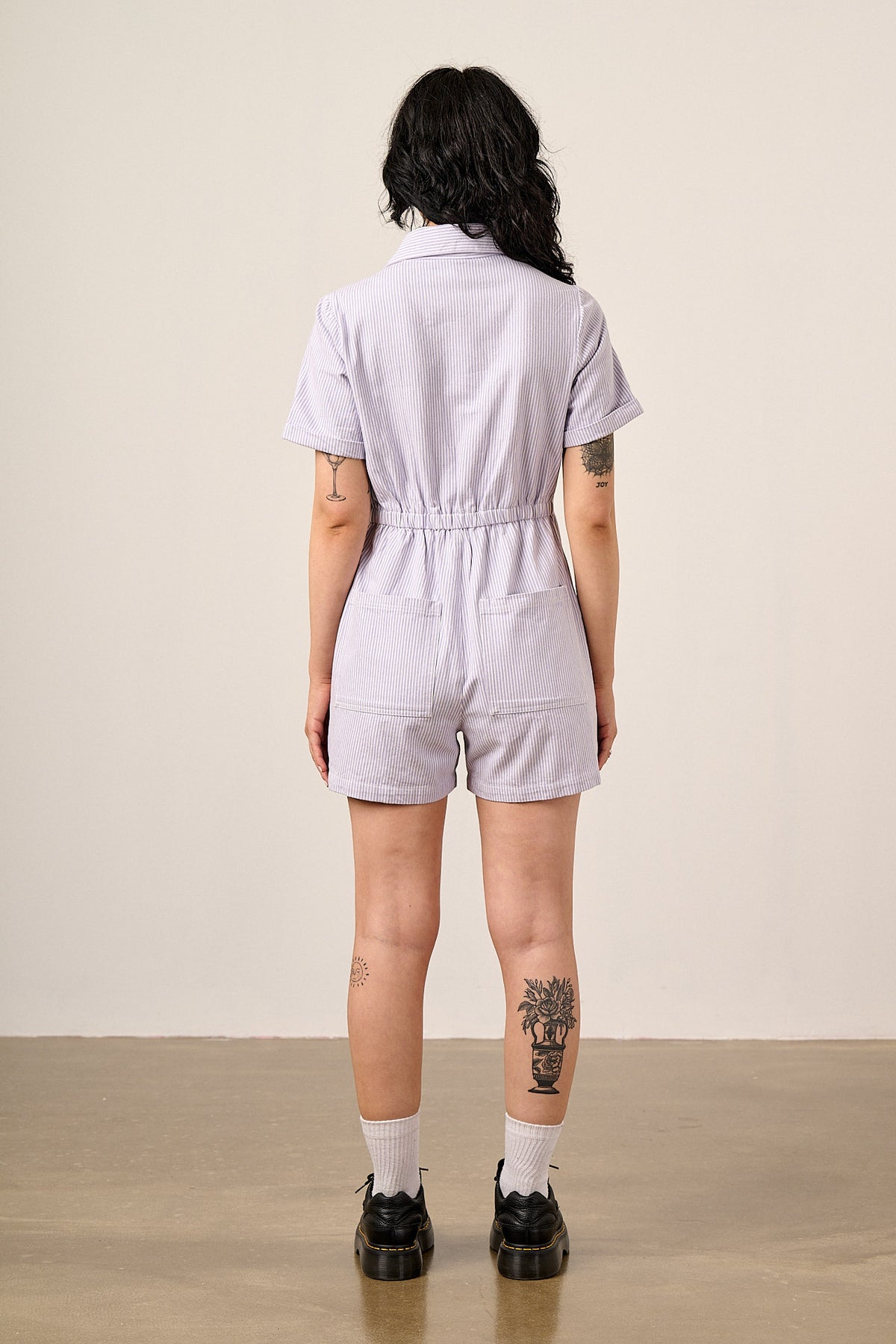 Riley - Short Sleeve Playsuit Organic Cotton Twill in Lilac Hickory Stripe
