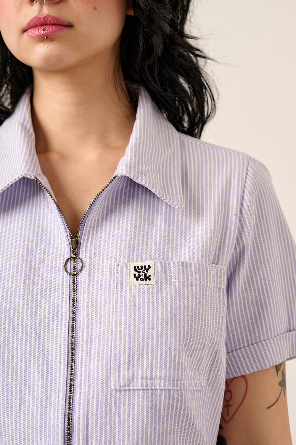 Riley - Short Sleeve Playsuit Organic Cotton Twill in Lilac Hickory Stripe