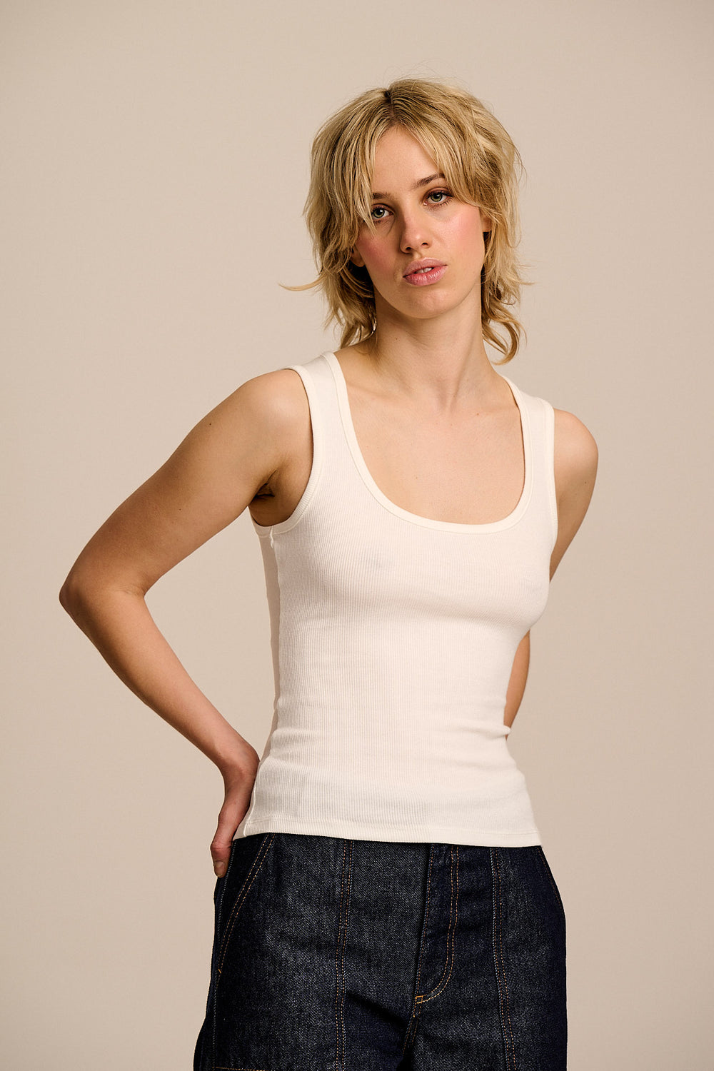 Romy - Cotton Scoop Vest in Ecru
