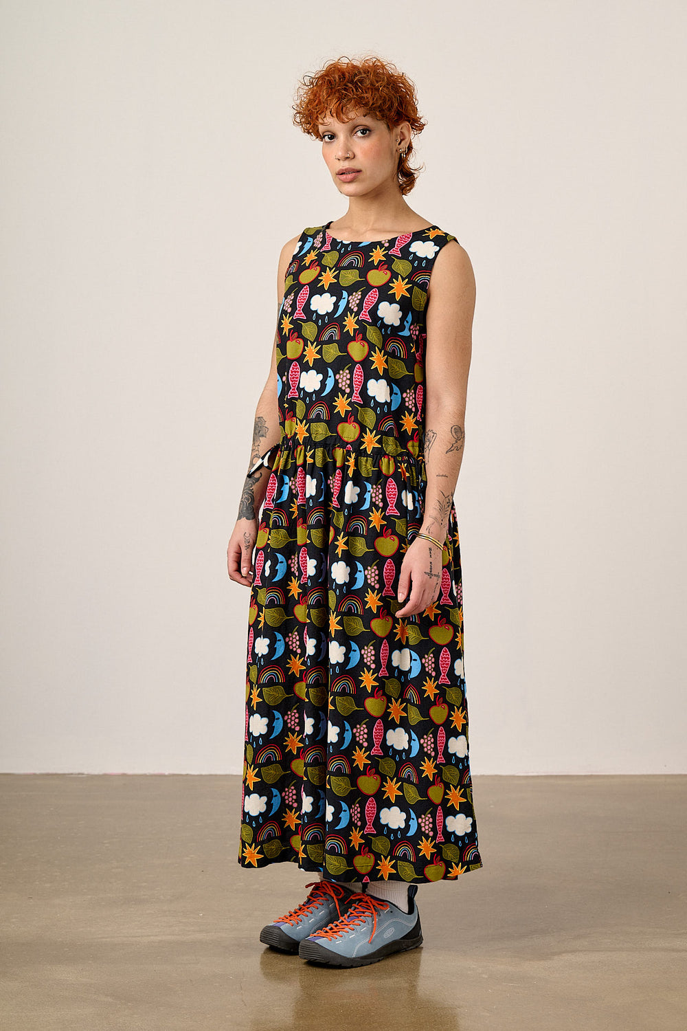 Sacha - Drop Waist Midi Dress Ecovero Viscose Blend in Naive Shapes Print