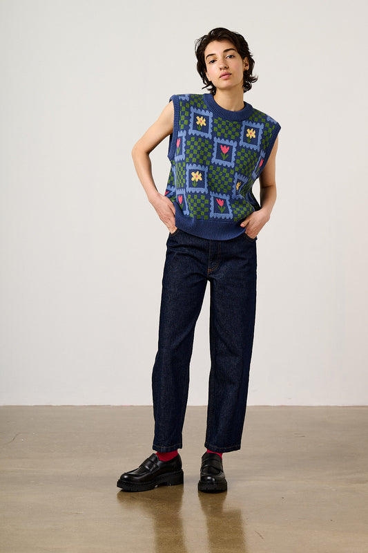 Saffle - Knitted Vest Organic Cotton in Tulip Checkerboard