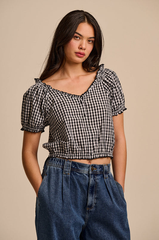 Sage - Puff Sleeve Blouse Organic Cotton in Black & White Gingham