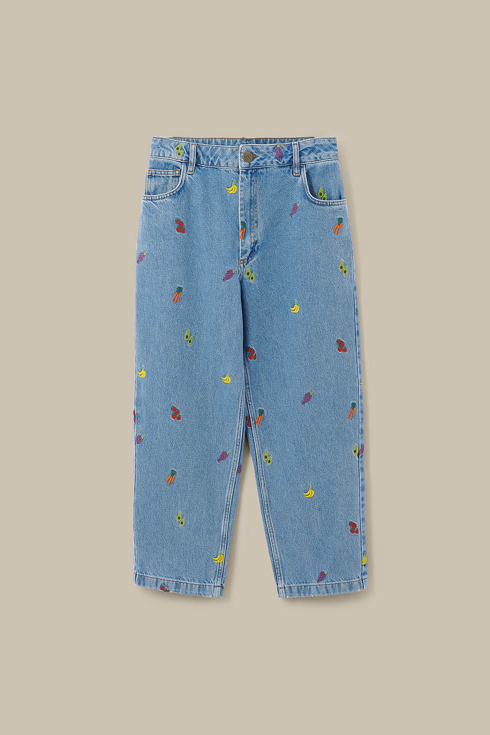 Drew - Cropped Straight Leg Trousers Organic Cotton Denim in Light Wash Veg Embroidery
