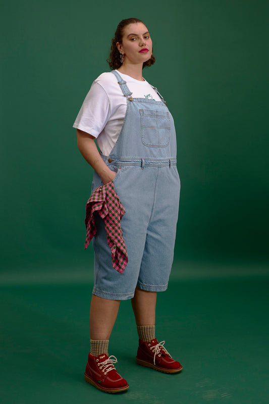 Jara - Knee Length Dungaree Shorts - Organic Cotton Denim in Light Wash with Metal Clasps