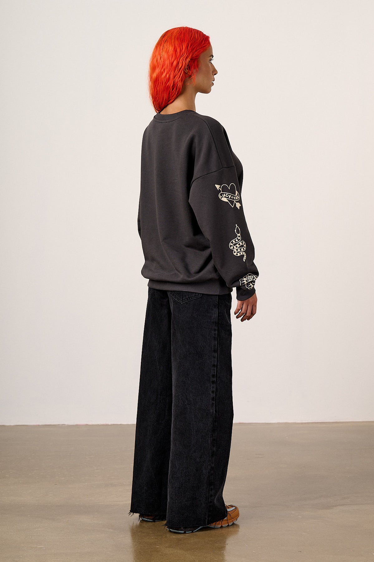Sutton - Cotton Jersey Oversized Sweatshirt in Charcoal with Tattoo Printed Sleeves