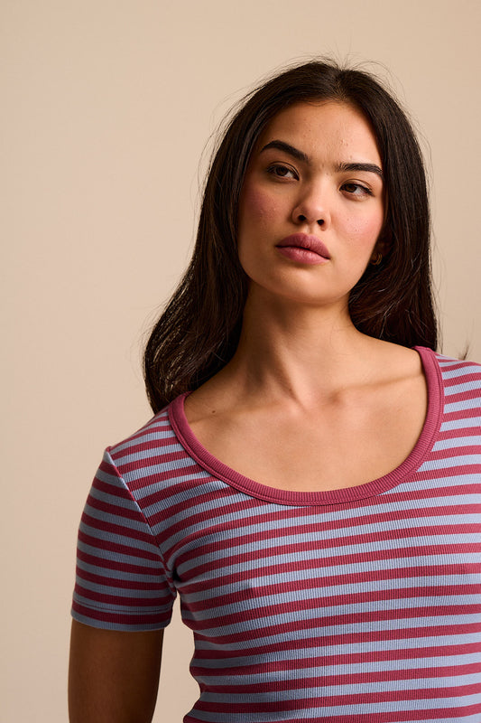 Vita - Scoop Neck T-Shirt Organic Cotton in Blue & Burgundy Stripe