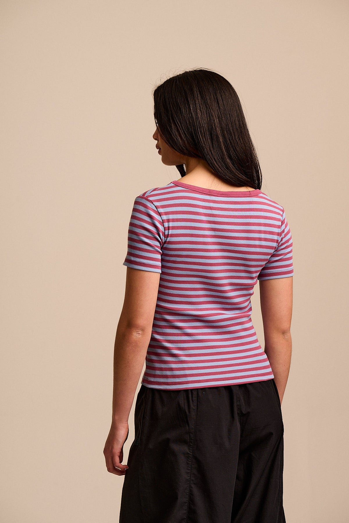 Vita - Scoop Neck T-Shirt Organic Cotton in Blue & Burgundy Stripe