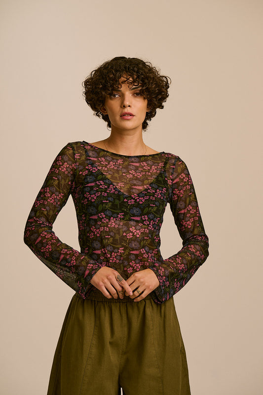 Zoe - Long Sleeve Slash Neck Top Recycled Polyester Mesh in Ditsy Floral