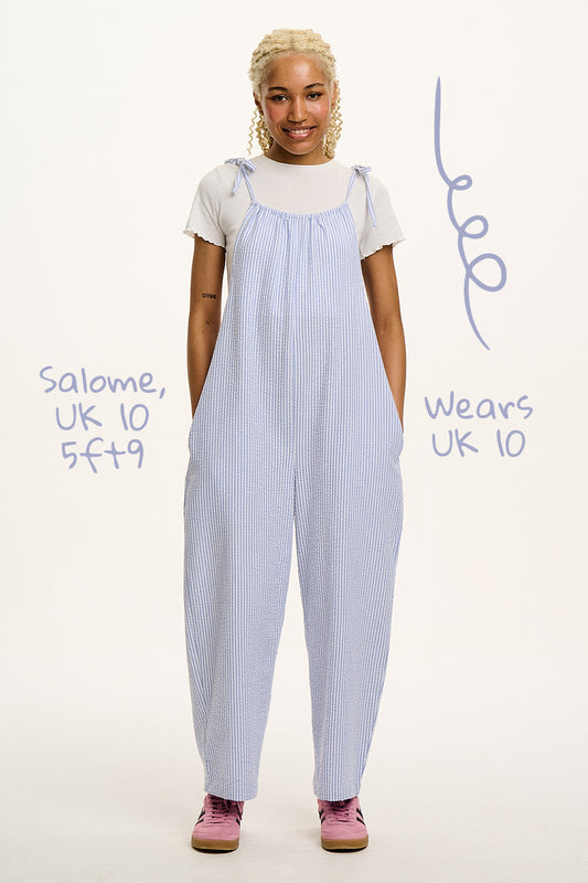 Ramona - Barrel Leg Jumpsuit Organic Cotton Seersucker in Blue Stripe