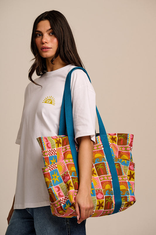 Teo - Cotton Beach Bag in Coastal Tile