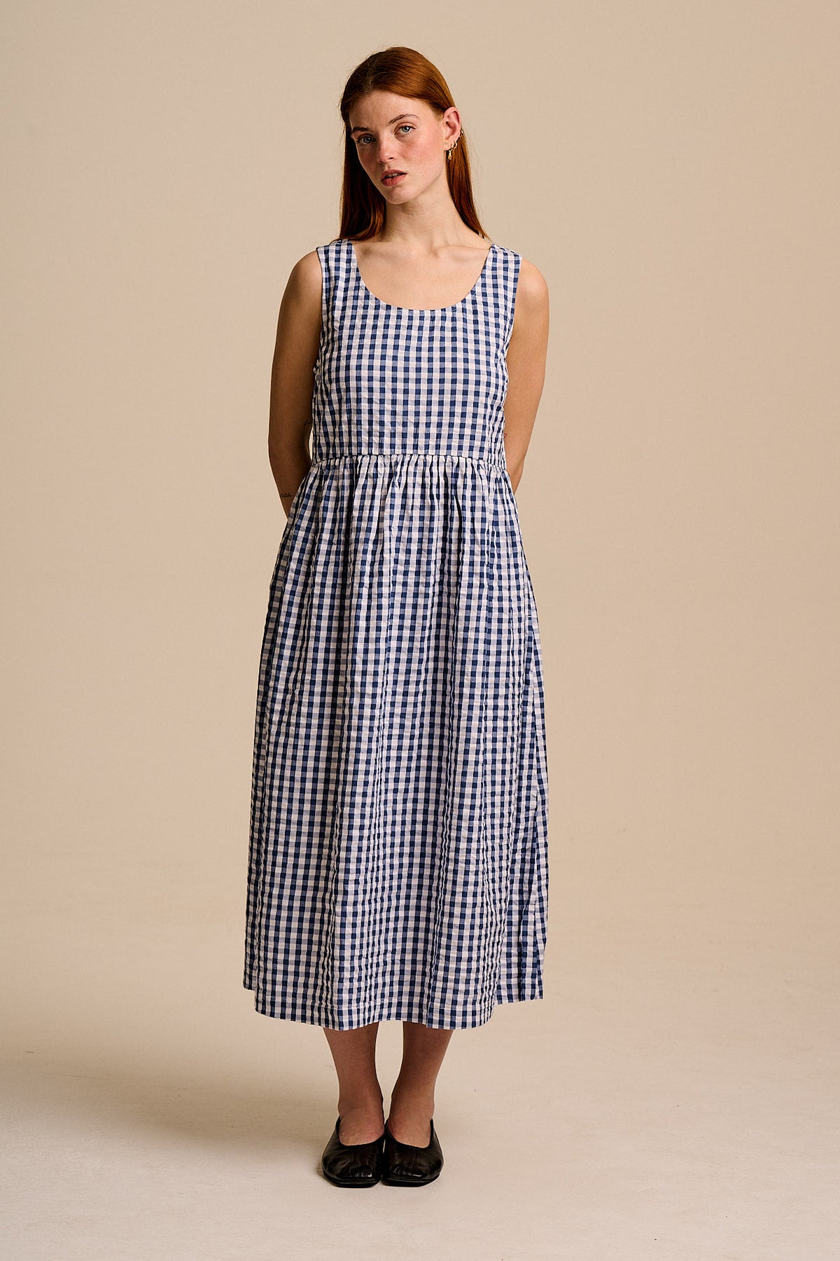 Aimee - A-Line Midi Dress Organic Cotton Seersucker in Blue Gingham