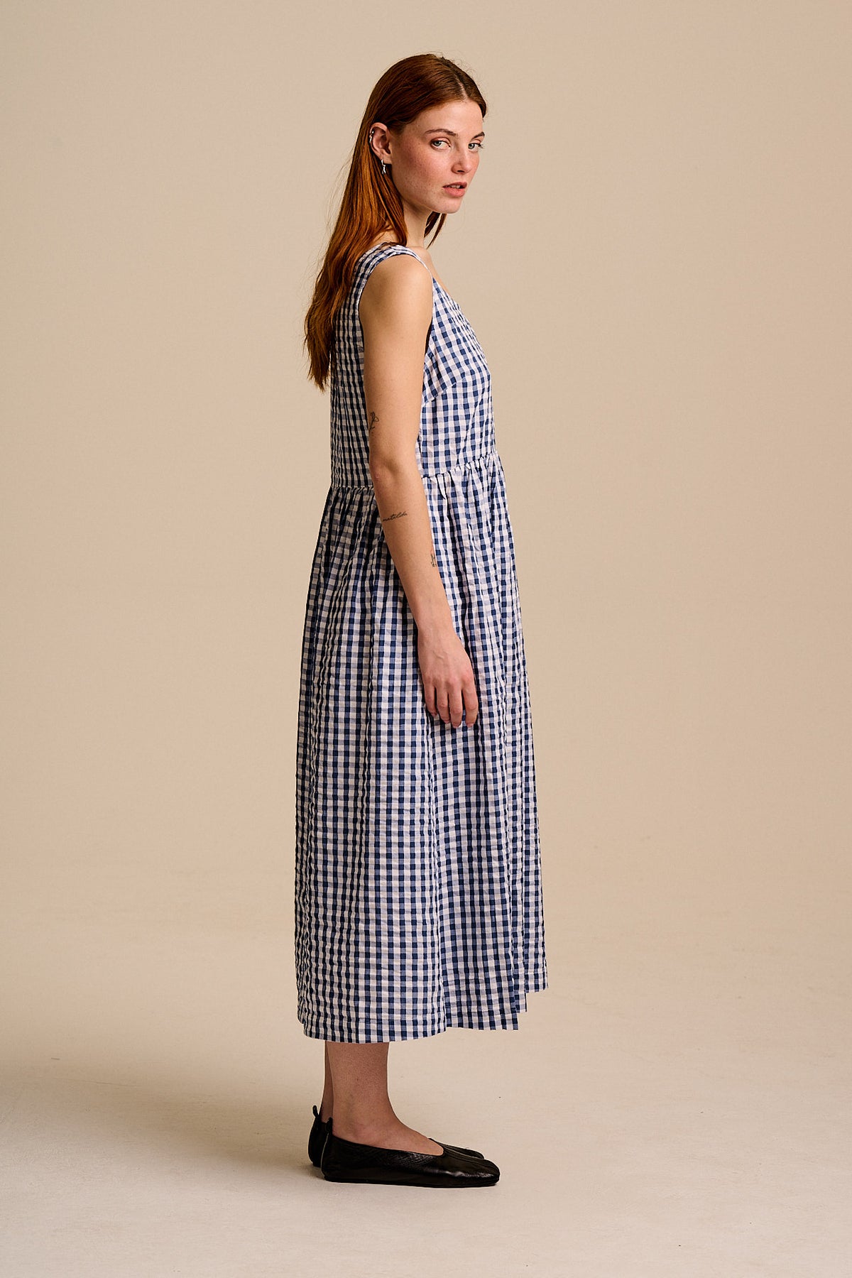 Aimee - A-Line Midi Dress Organic Cotton Seersucker in Blue Gingham