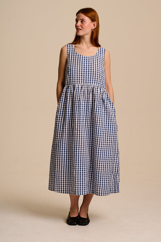 Aimee - A-Line Midi Dress Organic Cotton Seersucker in Blue Gingham