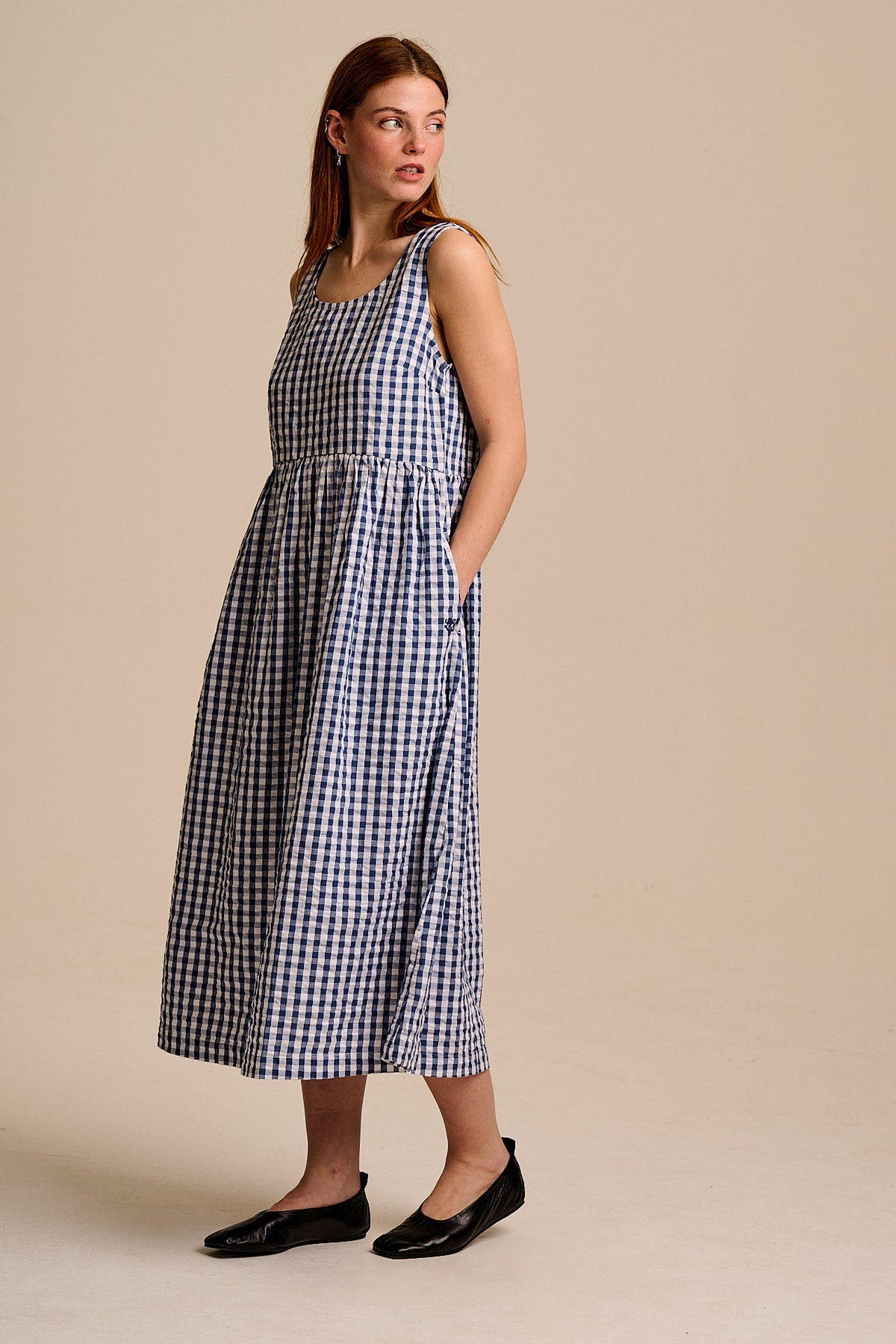 Aimee - A-Line Midi Dress Organic Cotton Seersucker in Blue Gingham