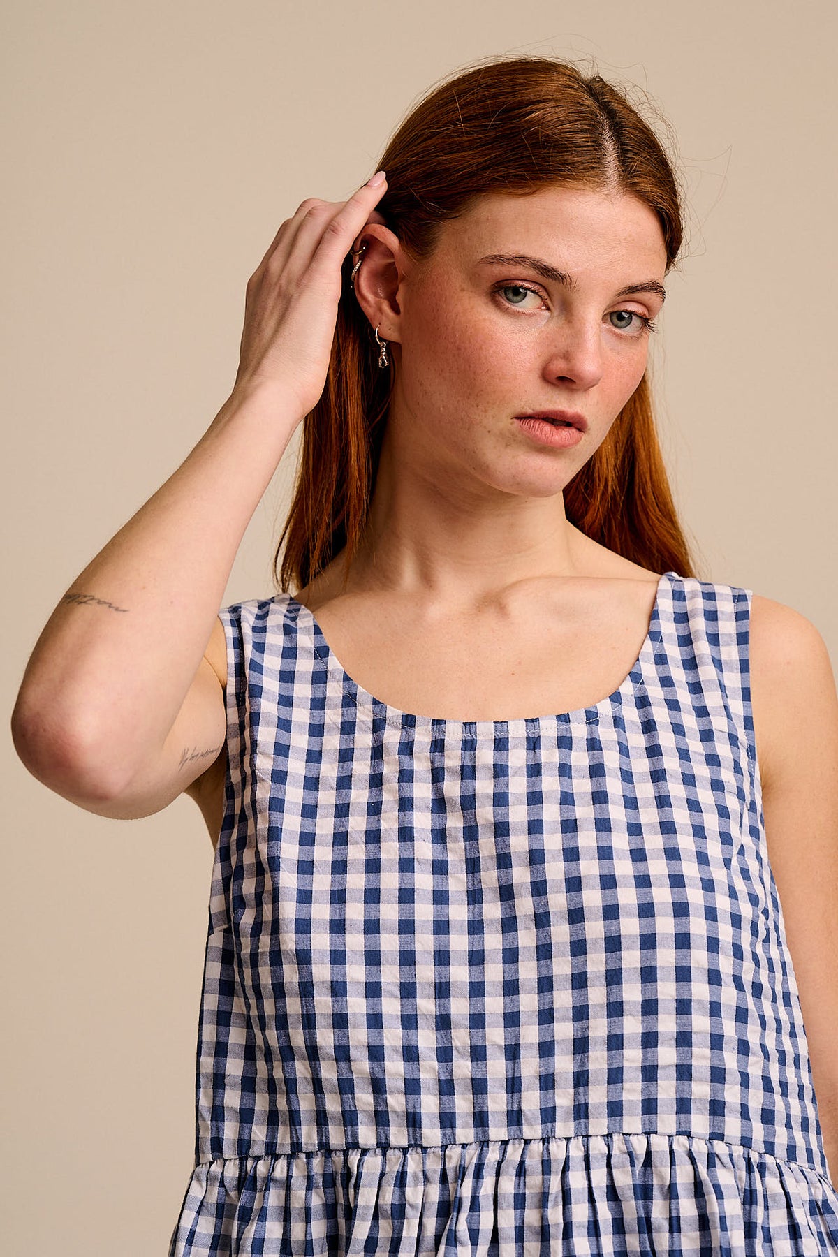 Aimee - A-Line Midi Dress Organic Cotton Seersucker in Blue Gingham