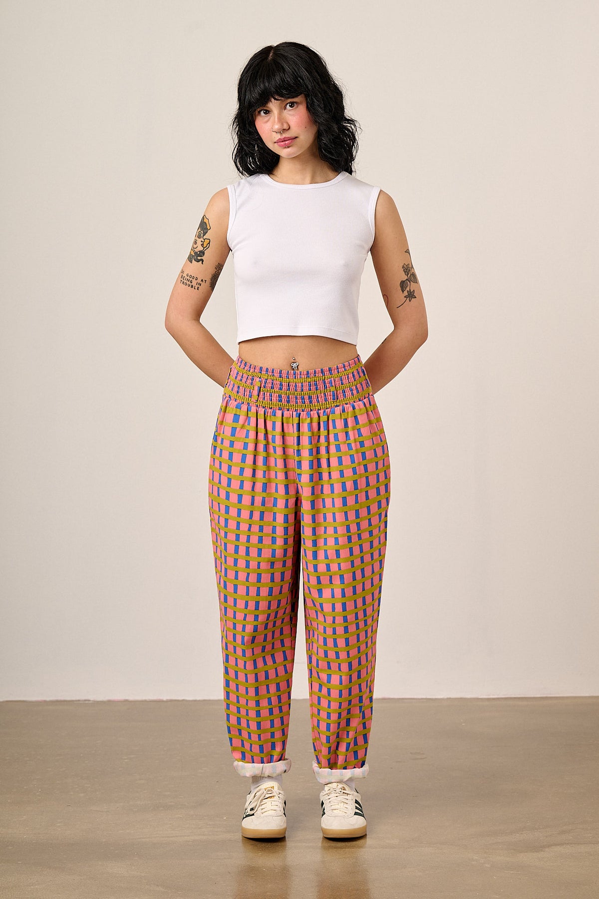 Alexa - Tapered Leg Trousers Organic Cotton in Pink Check