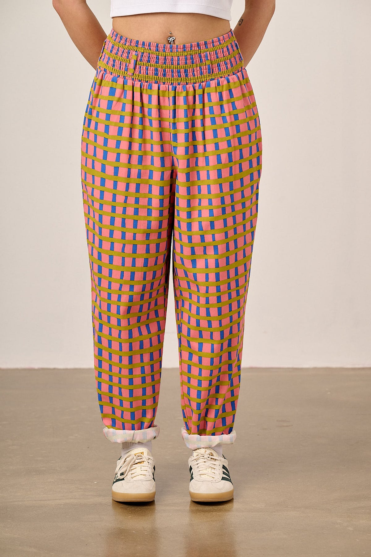 Alexa - Tapered Leg Trousers Organic Cotton in Pink Check