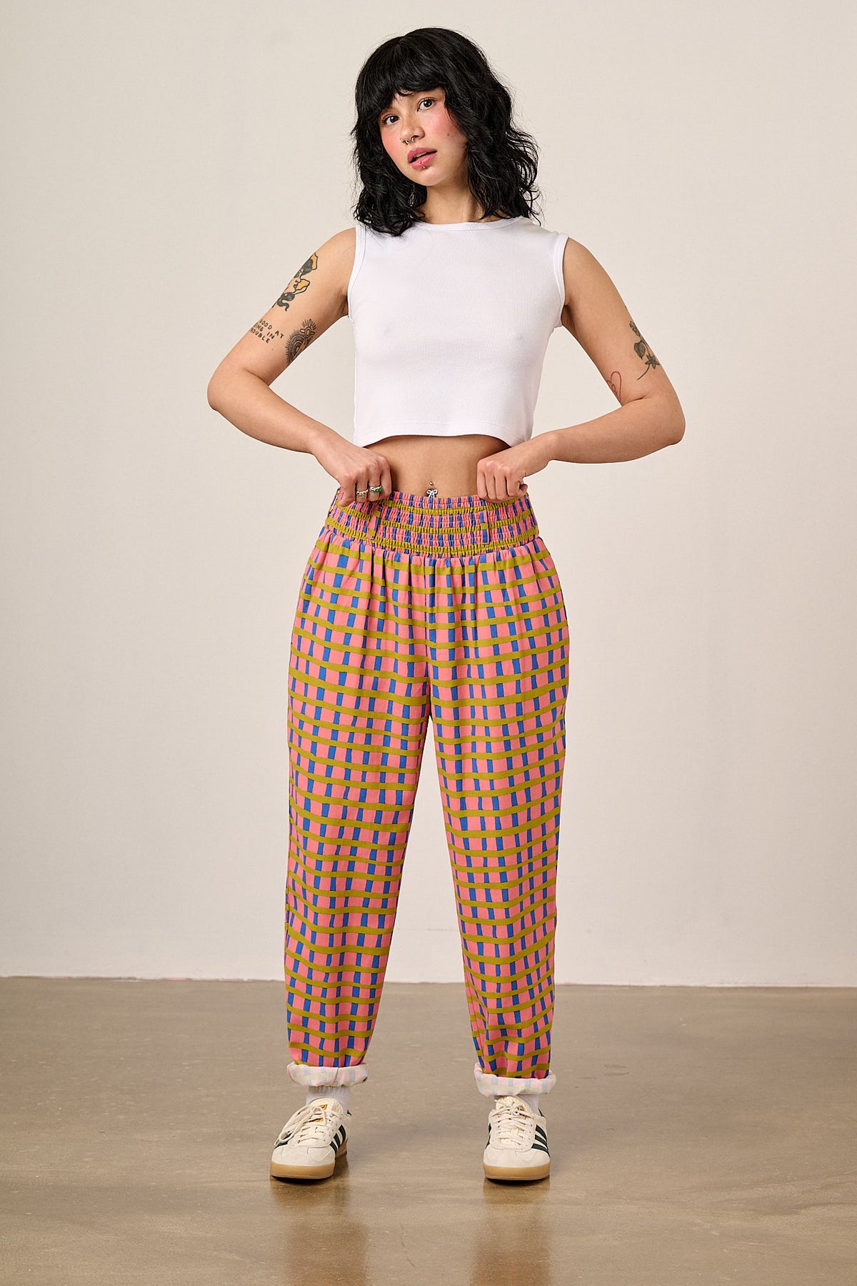 Alexa - Tapered Leg Trousers Organic Cotton in Pink Check