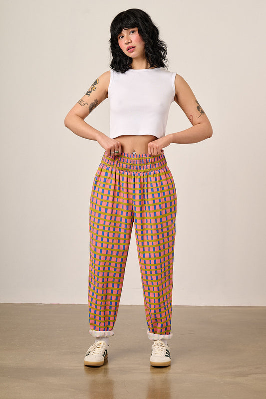 Alexa - Tapered Leg Trousers Organic Cotton in Pink Check