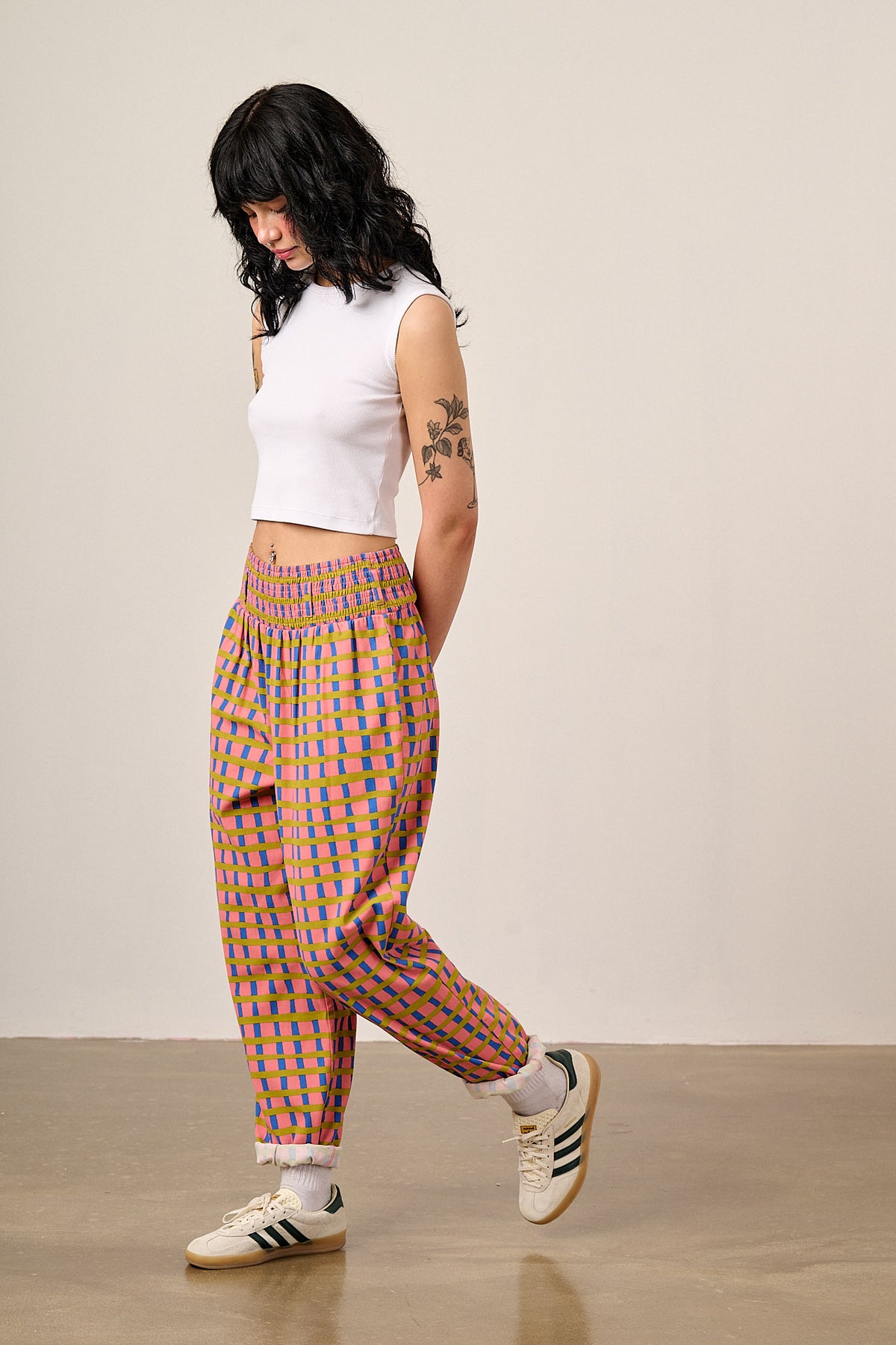 Alexa - Tapered Leg Trousers Organic Cotton in Pink Check