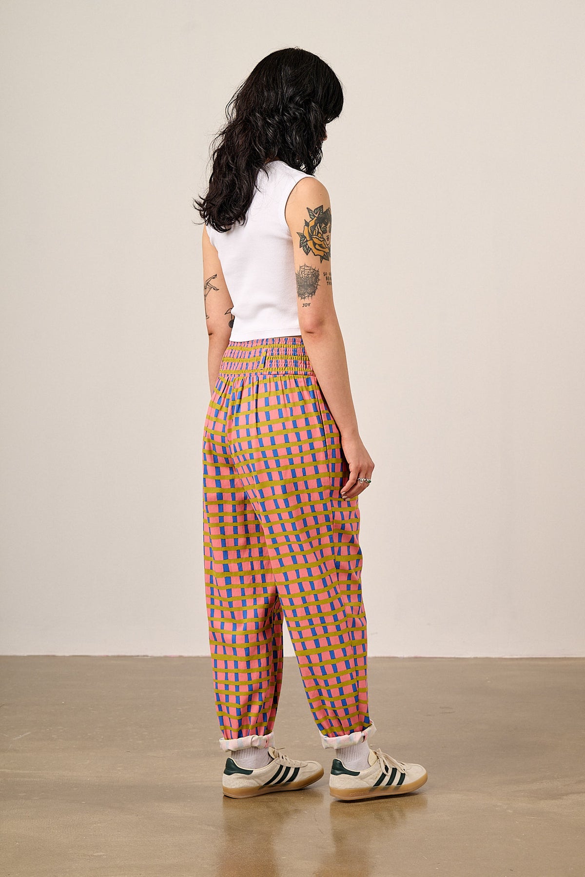 Alexa - Tapered Leg Trousers Organic Cotton in Pink Check