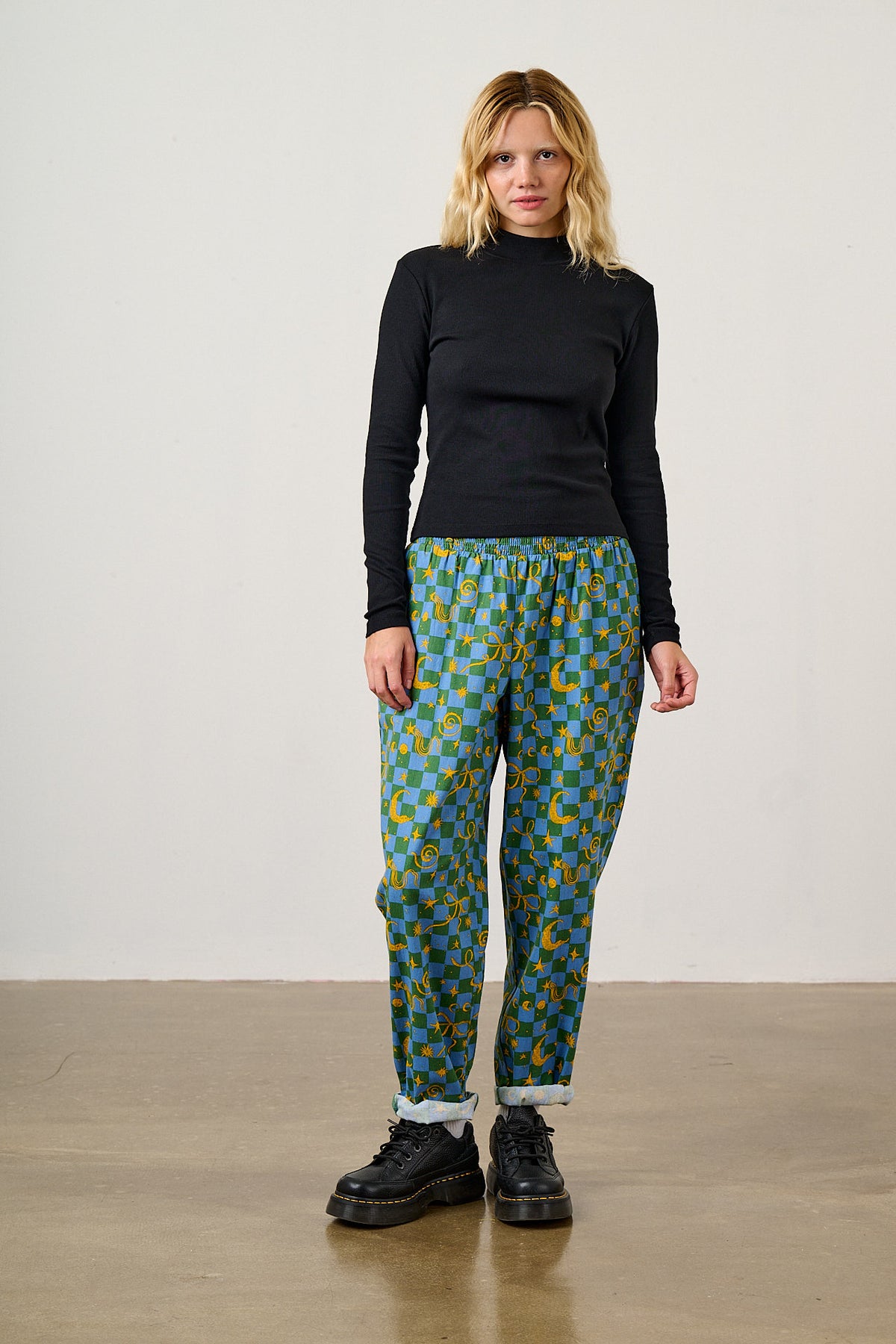 Alexa - Tapered Leg Trousers Organic Cotton in Blue Celestial Checkerboard