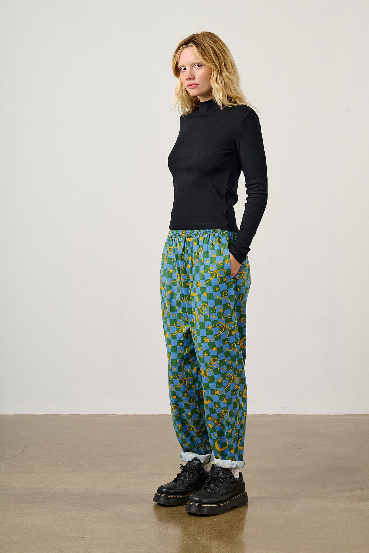 Alexa - Tapered Leg Trousers Organic Cotton in Blue Celestial Checkerboard