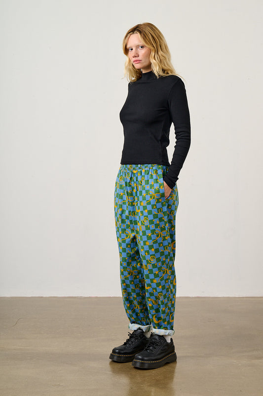Alexa - Tapered Leg Trousers Organic Cotton in Blue Celestial Checkerboard