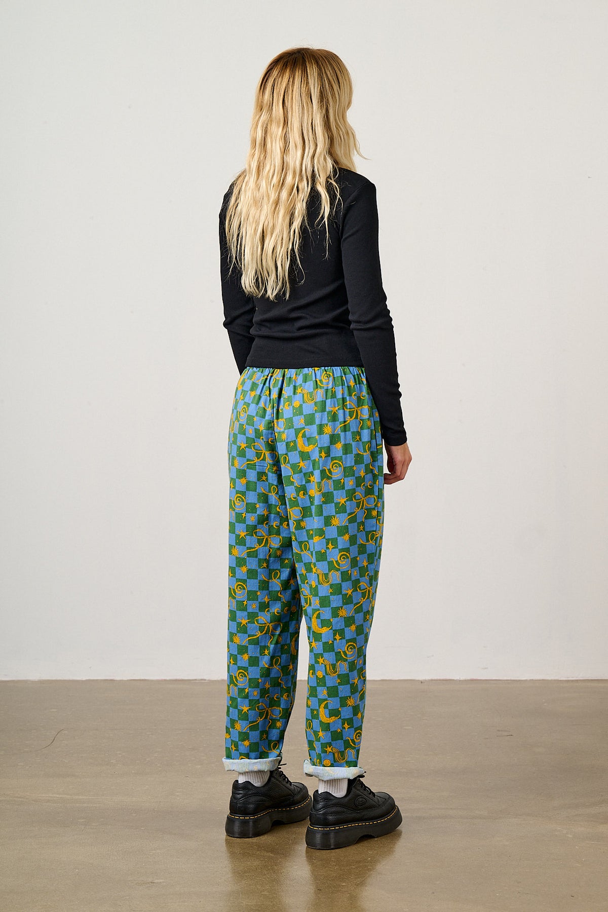 Alexa - Tapered Leg Trousers Organic Cotton in Blue Celestial Checkerboard