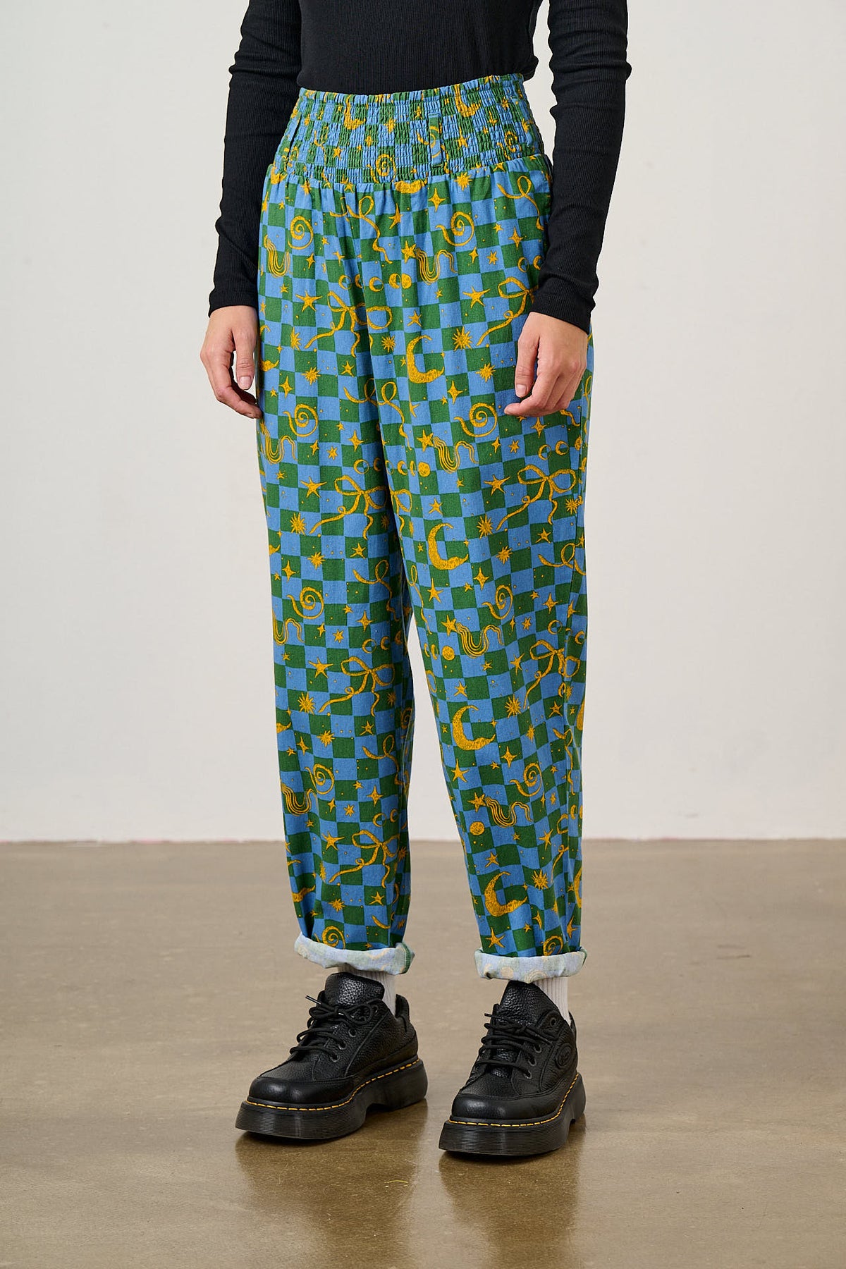 Alexa - Tapered Leg Trousers Organic Cotton in Blue Celestial Checkerboard