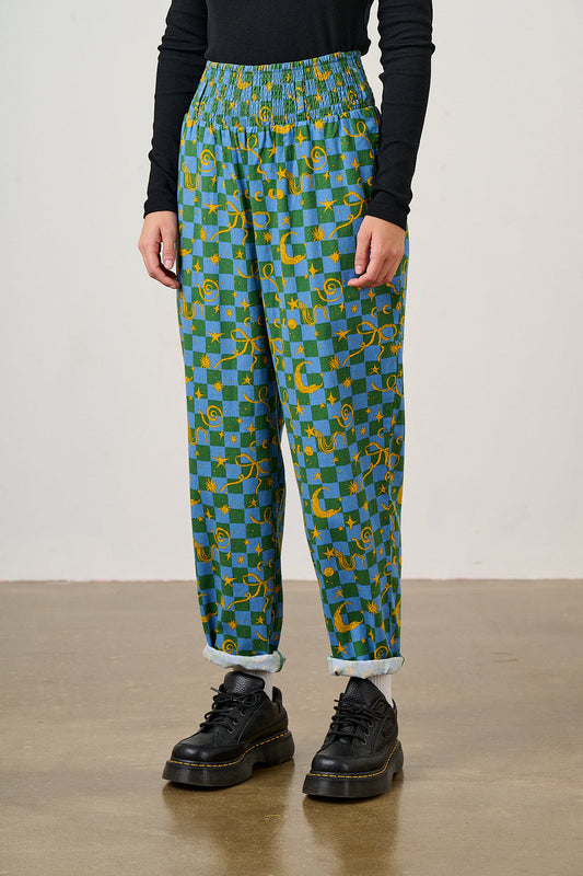 Alexa - Tapered Leg Trousers Organic Cotton in Blue Celestial Checkerboard